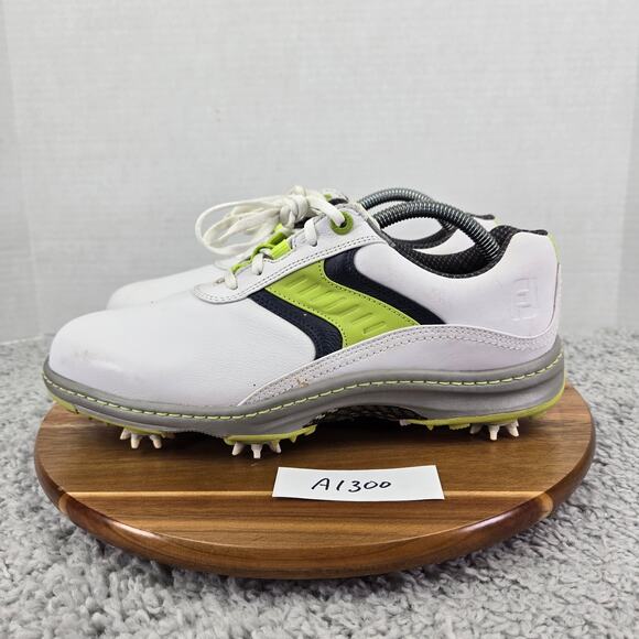 Footjoy Contour Closeout White Lime Leather Athletic Spiked Golf Cleat Men 9.5 M - Picture 1 of 14